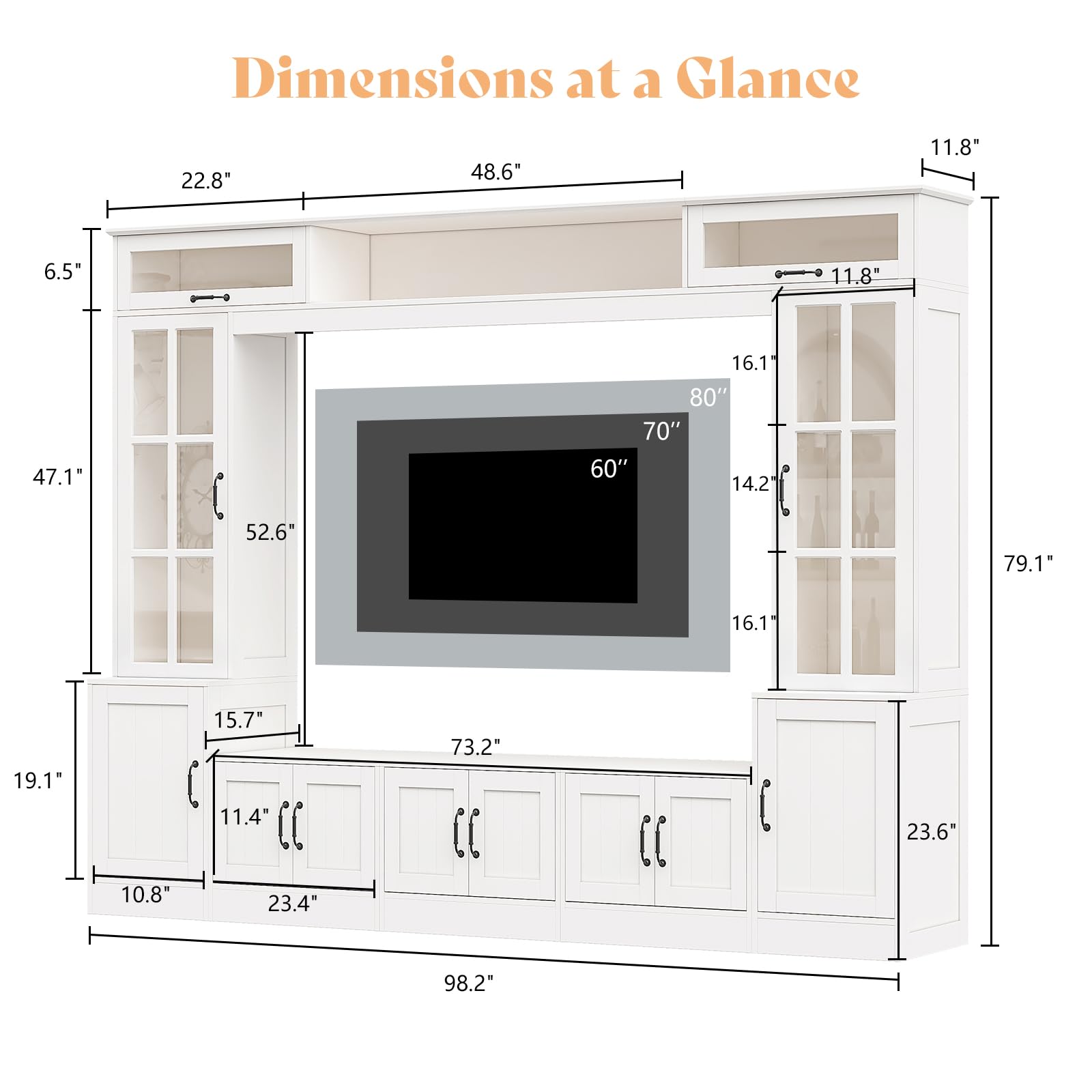 AMERLIFE 98" W Wall Unit TV Stand with Storage for TVs up to 80", Modern TV Console with LED Lights, Entertainment Center with Bookshelves for Living Room, White