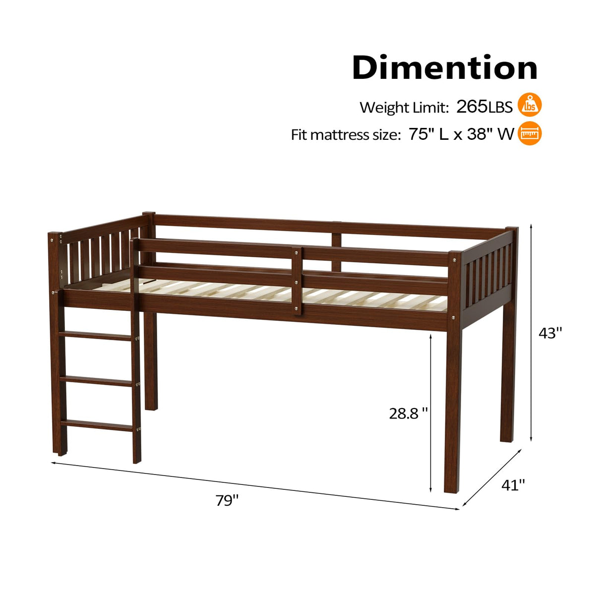 JOYMOR Low Loft Bed Twin Size with Stairs, Wooden Loft Bed for Kids, Junior，Young Teens，Pine Wood Twin Bed Frame, Space-Saving Design, No Box Spring Needed, Espresso