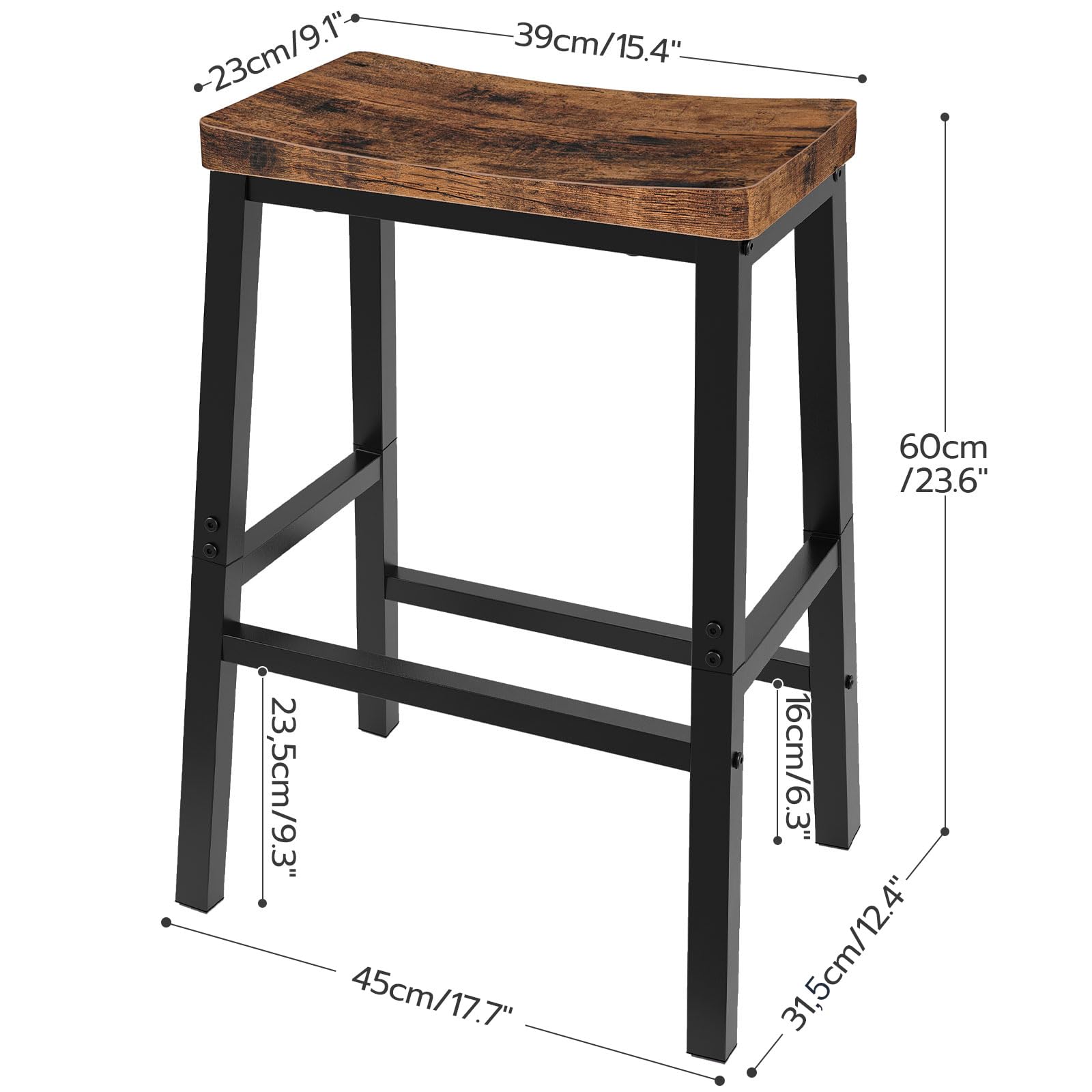 HOOBRO Bar Stools, Set of 2 Bar Chairs, 23.6 Inch Saddle Stools, Kitchen Counter Seat with Footrests, Industrial Barstools for Dining Room, Kitchen, Counter, Rustic Brown and Black BF02MD01