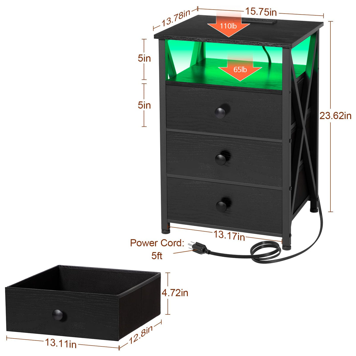 LED Nightstands with Charging Station, Set of 2