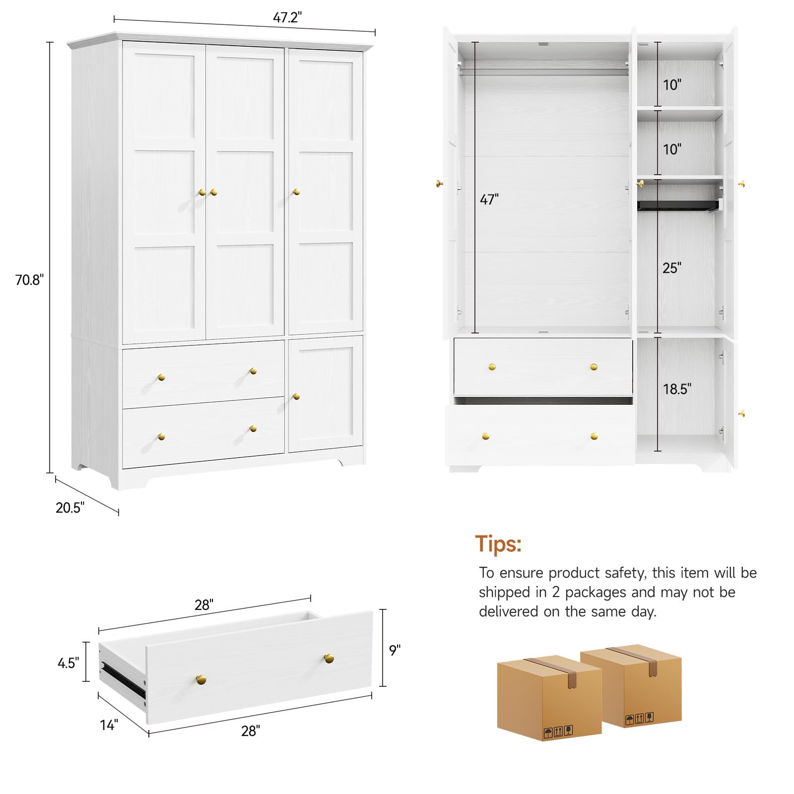 ONBRILL 3 Doors Wooden Wardrobe Closet Armoire with Pull Out Pants Rack, Bedroom Large Capacity Armoire with Drawers and Shelves, Storage Cabinet for Hanging Clothes, White