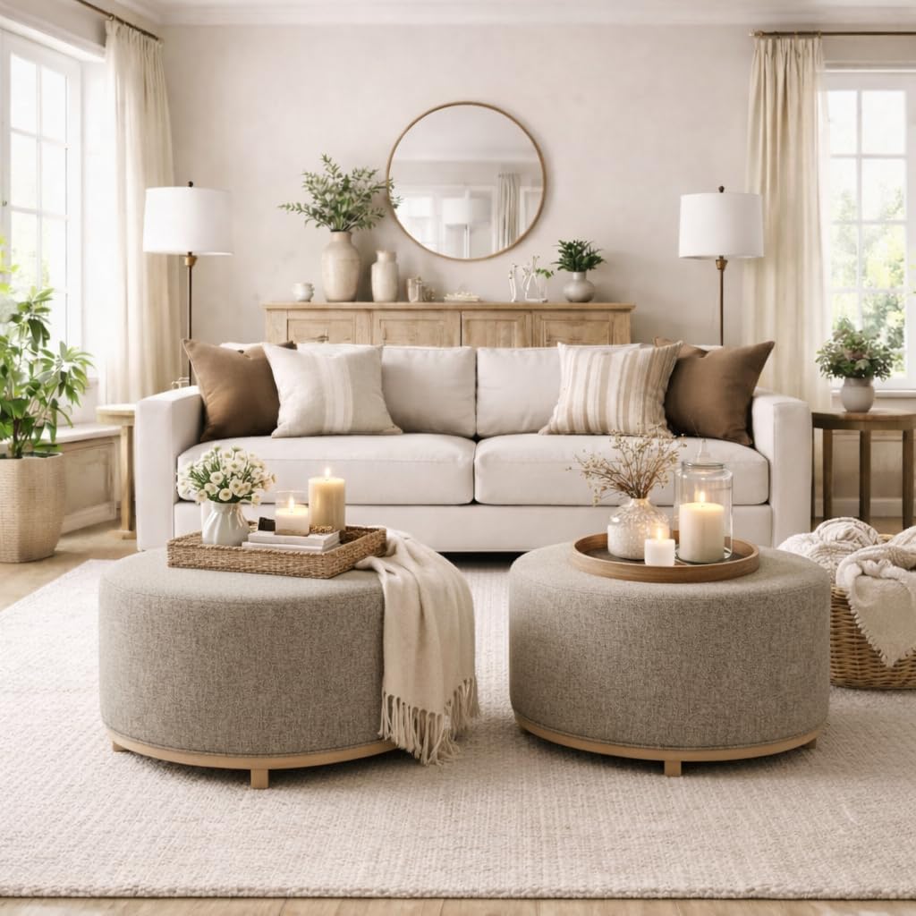Round Upholstered Ottoman with Wood Base