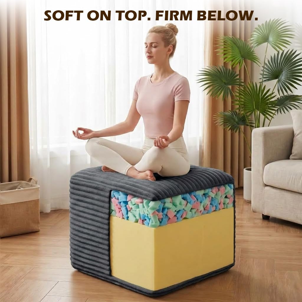 OXVIT 23.6in Pouf Ottoman, Corduroy Ottoman Foot Rest Footstool, Grey