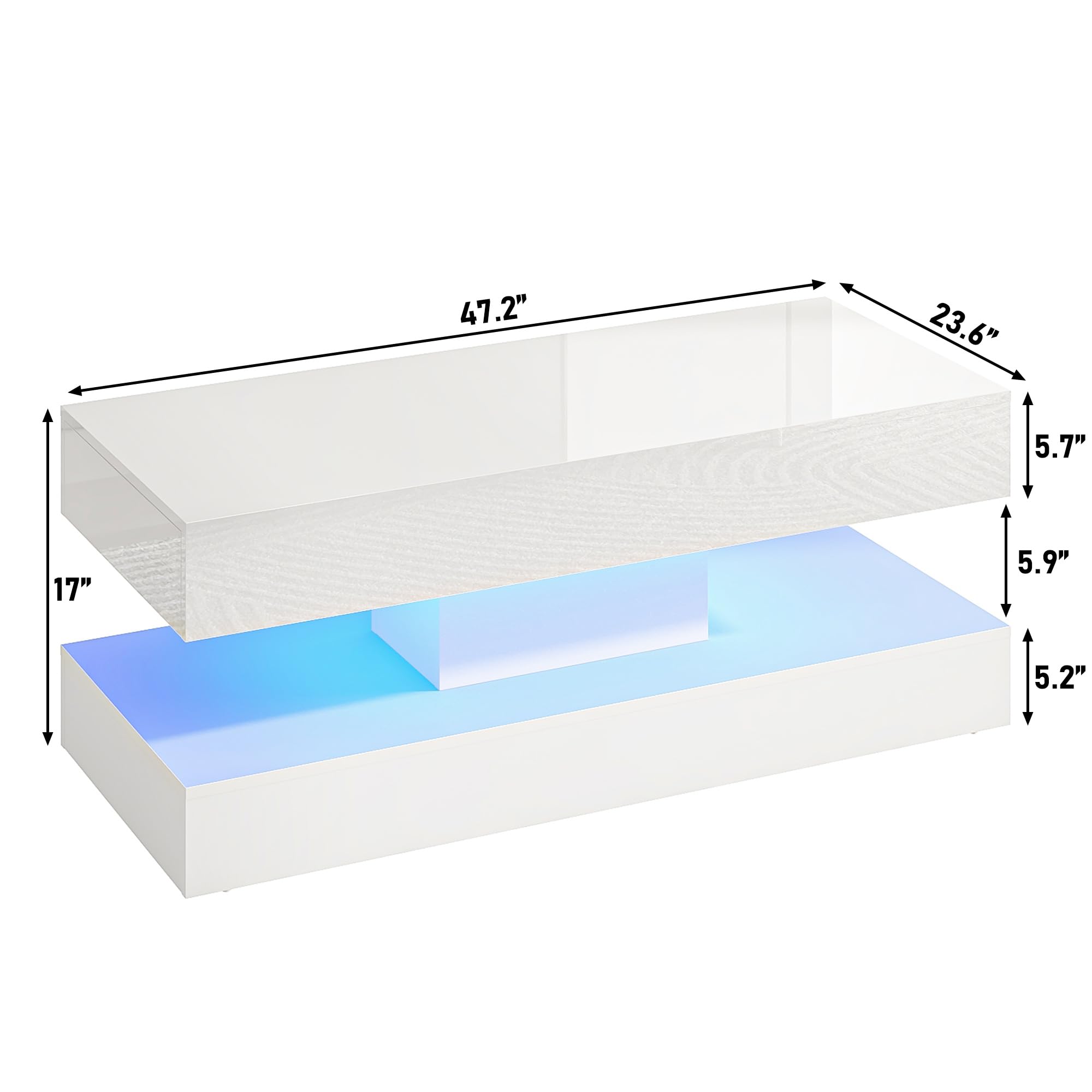 47.2" Modern High Glossy LED Coffee Table with 2 Sliding Storage Drawers, White Living Room Tables for Living Rooms,Dining Room,Bedroom Home Office,APP LED Lights(White)