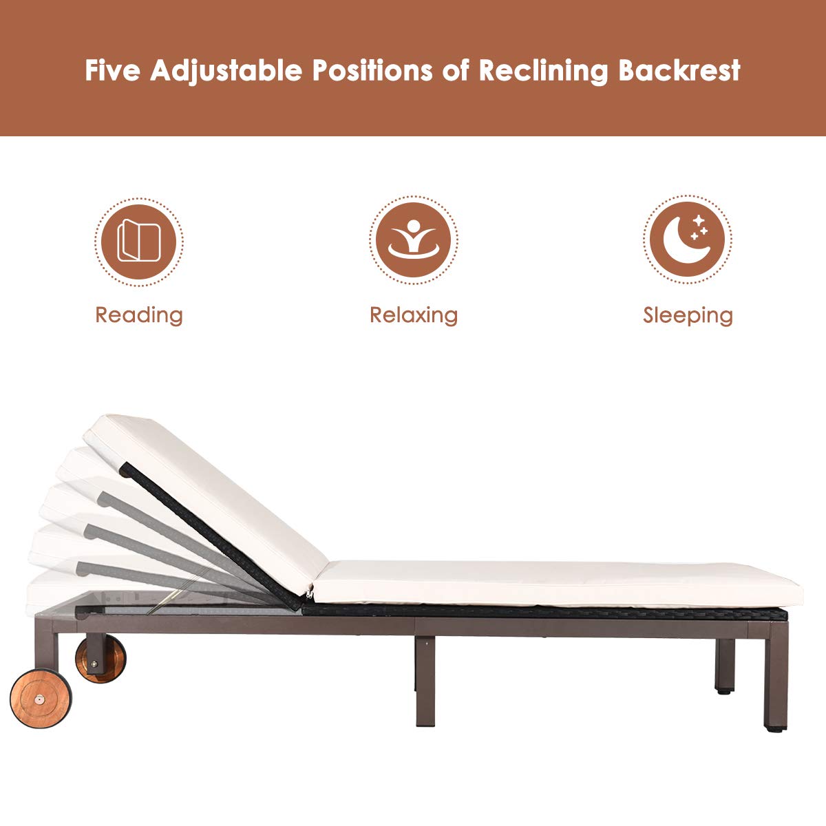 DORTALA Outdoor Pool Chaise Lounge Chair, Metal Rattan Lounger Recliner Chair W/Wheels, Folding Wicker Chaise Chair W/Cushioned Seating, White
