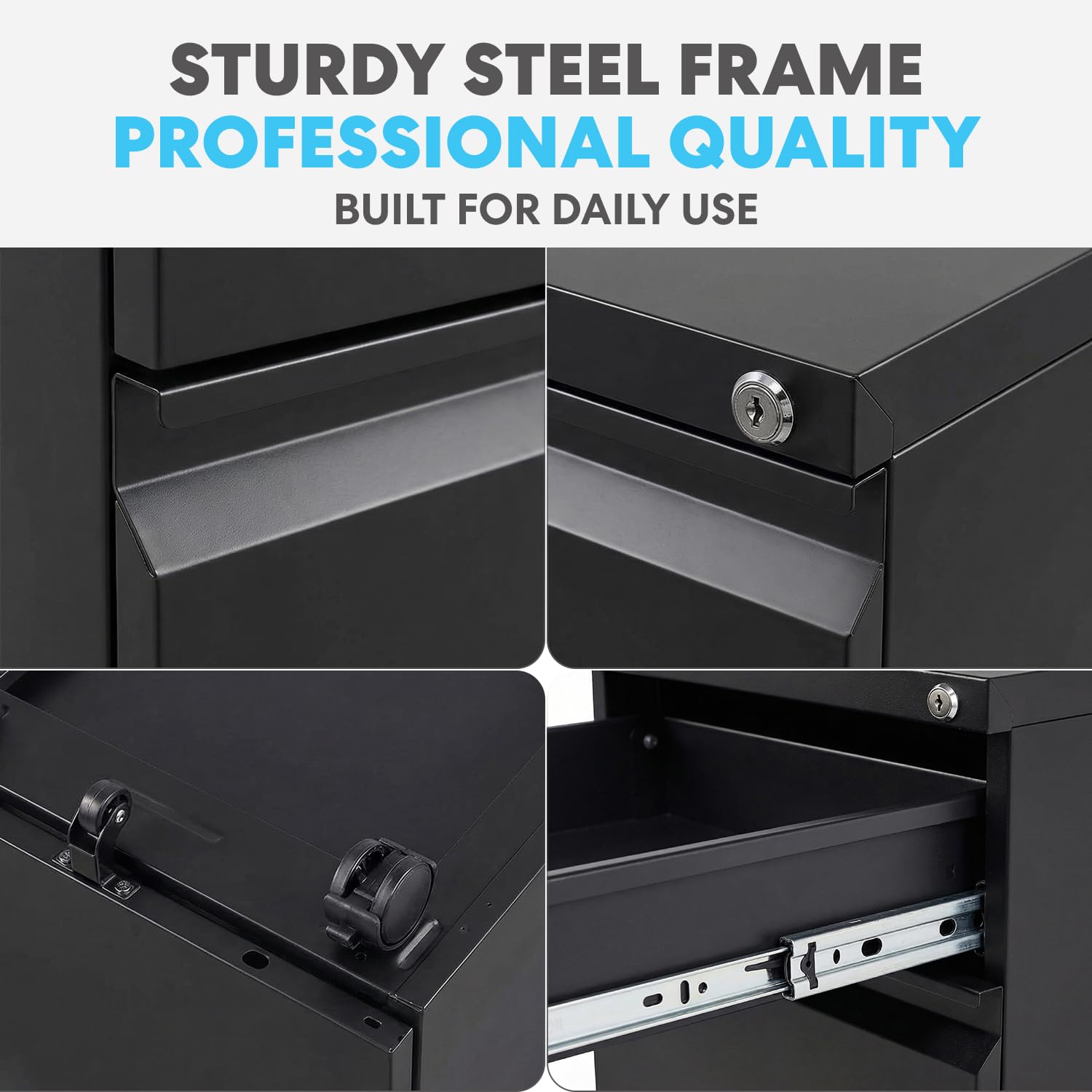 3-Drawer Rolling Metal File Cabinet with Lock