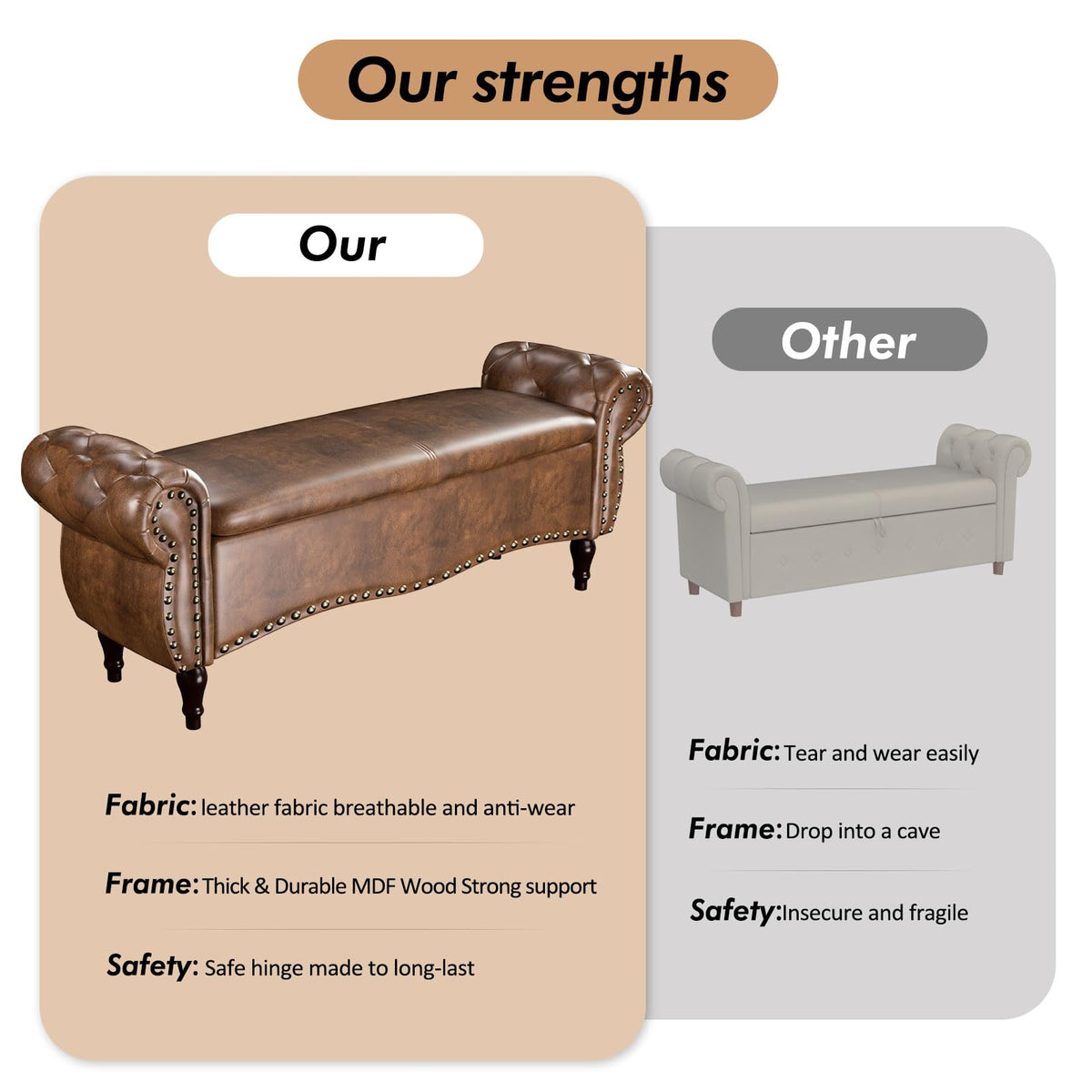 ZZW Storage Ottoman Bench, 51" Length Upholstered End of Bed Storage Bench for Bedroom with Safety Hinge, Tufted Bed Benches with Rolled Arm and Nailhead Trim for Living Room, Entryway Brown