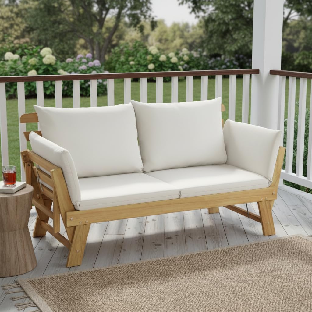 Acacia Wood Outdoor Daybed with Adjustable Armrests & Cushions