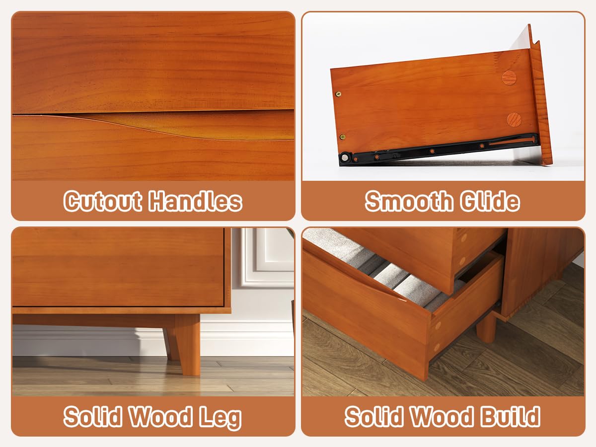 7 Drawer Dresser for Bedroom, 55” Wide Solid Wood Dresser with Power Outlet, Mid-Century Modern Chest with Solid Wooden, Large Wood Storage Organizer,Wood TV Stand for Bedroom, Living Room,Caramel