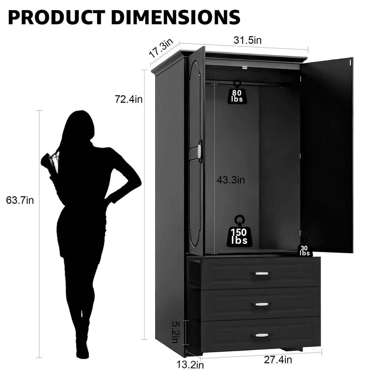 Black LED Wardrobe with 3 Drawers