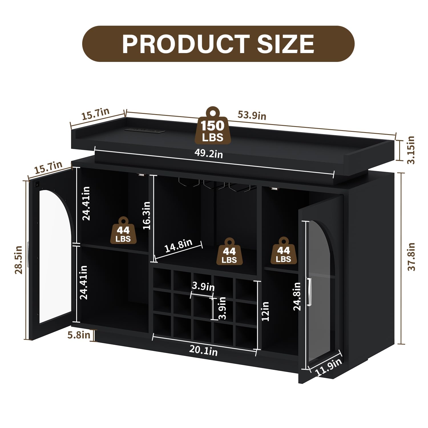 knoworld Wine Bar Cabinet 54'', Black Coffee Bar Cabinet with LED Lights and Outlet, Liquor Cabinet with Wine Rack & Glass Holder, Sideboard Buffet Cabinet for Dining Room, Kitchen