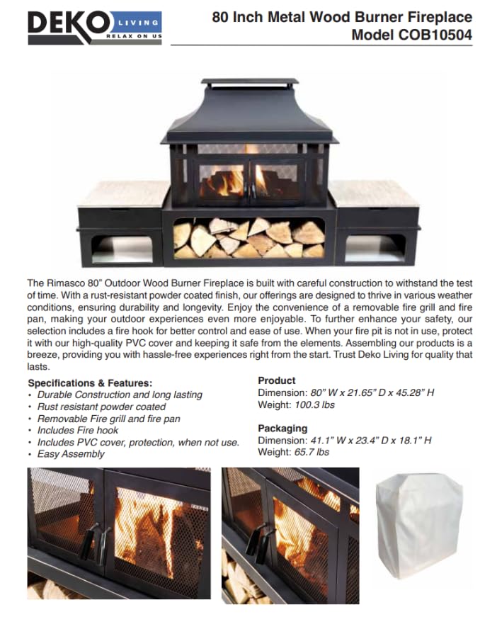 Deko Living Rimasco 80-Inch Metal Wood Burner Fireplace with Side Storage Tables - Wood Burning Fire Pit for Home - Smokeless Patio Fire Pit - Outdoor