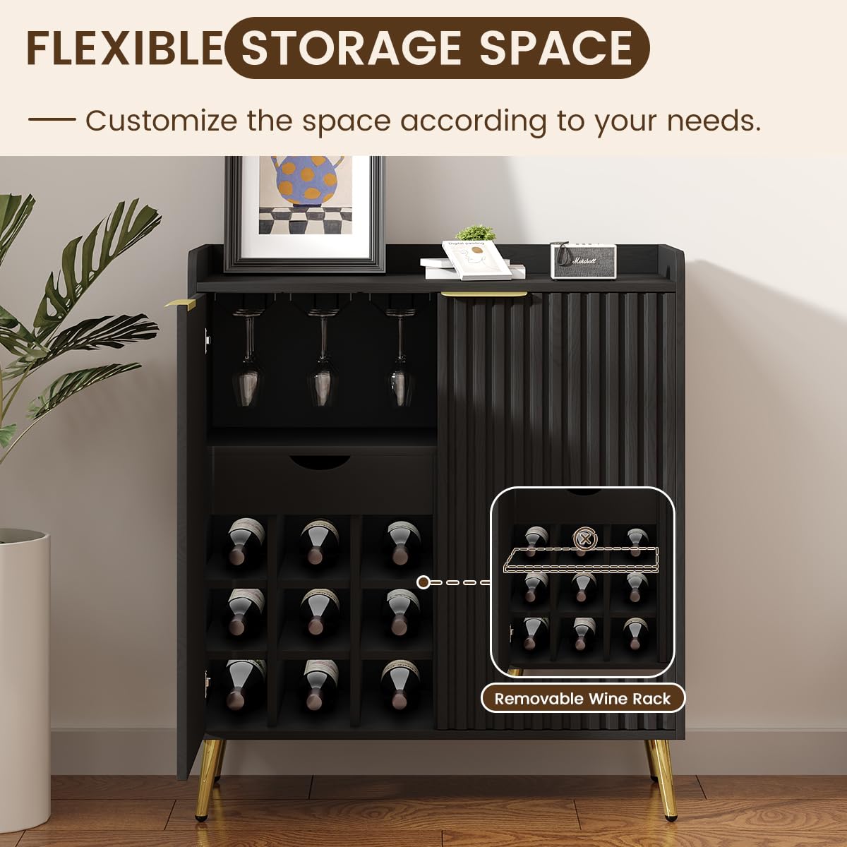 Black Fluted Wine Bar Cabinet