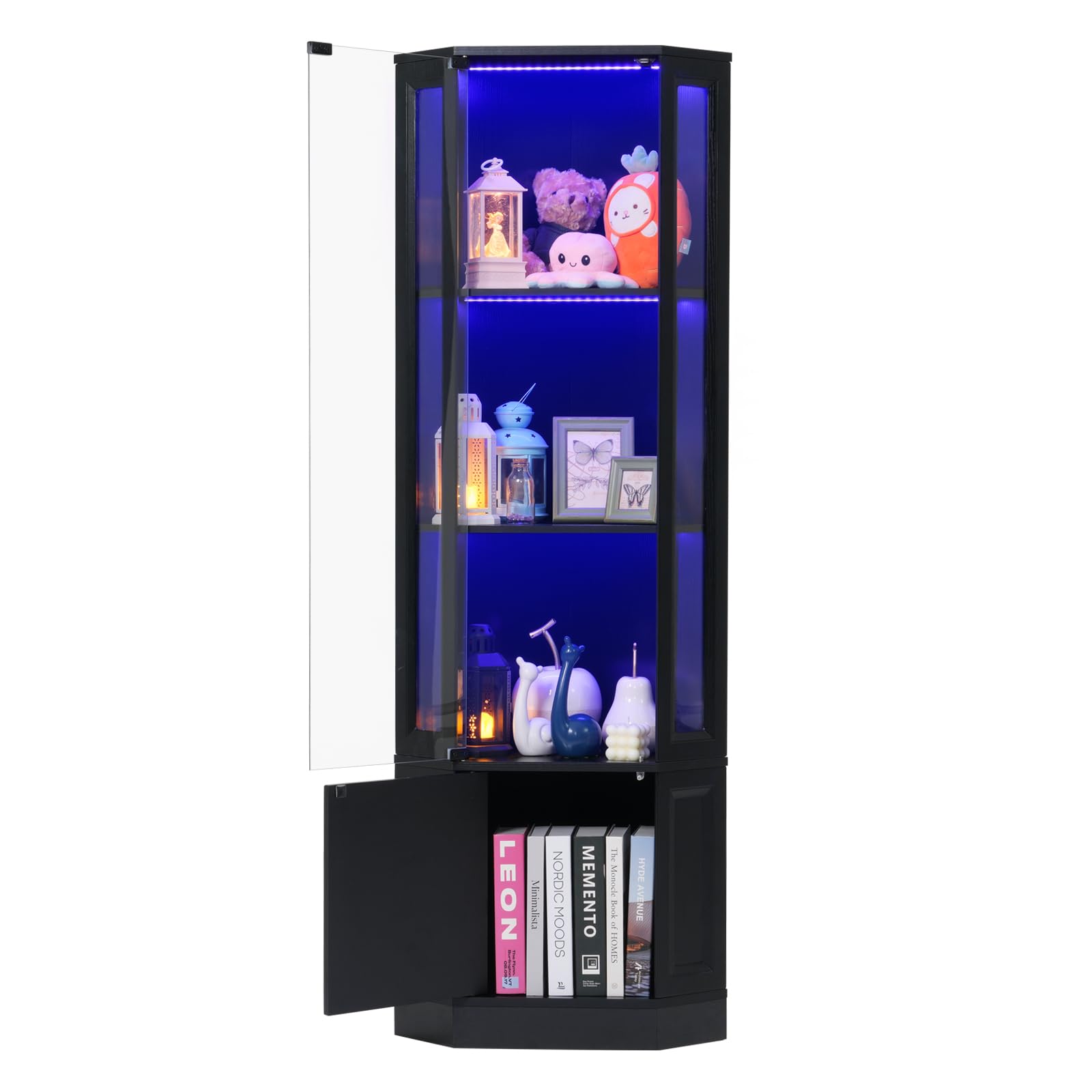 Corner Display Cabinet with LED Lights, 4-Tier Glass Curio Cabinet