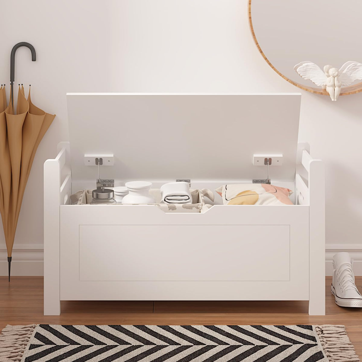White Cushioned Storage Bench