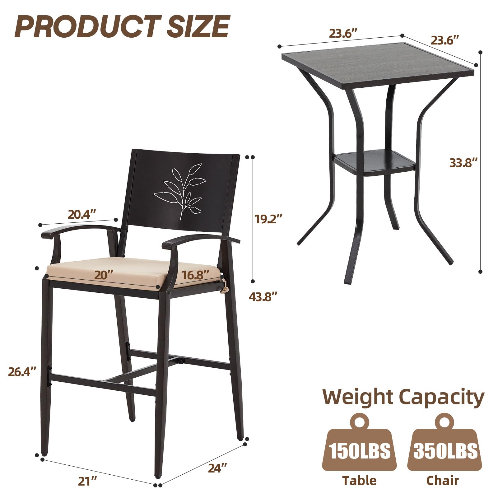 3-Piece Outdoor Bar Set with Stone Crystal Table Top