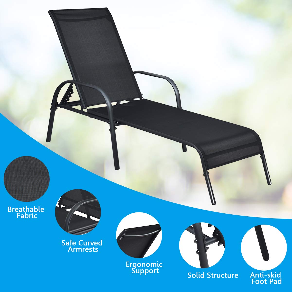 Giantex 2 Pcs Chaise Lounge Chair, Adjustable Reclining Lounge Chairs Patio Furniture, Backyard Lawn Sling Chaise w/Adjustable Back, Folding Recliners for Outdoor Beach Yard Pool (Black)