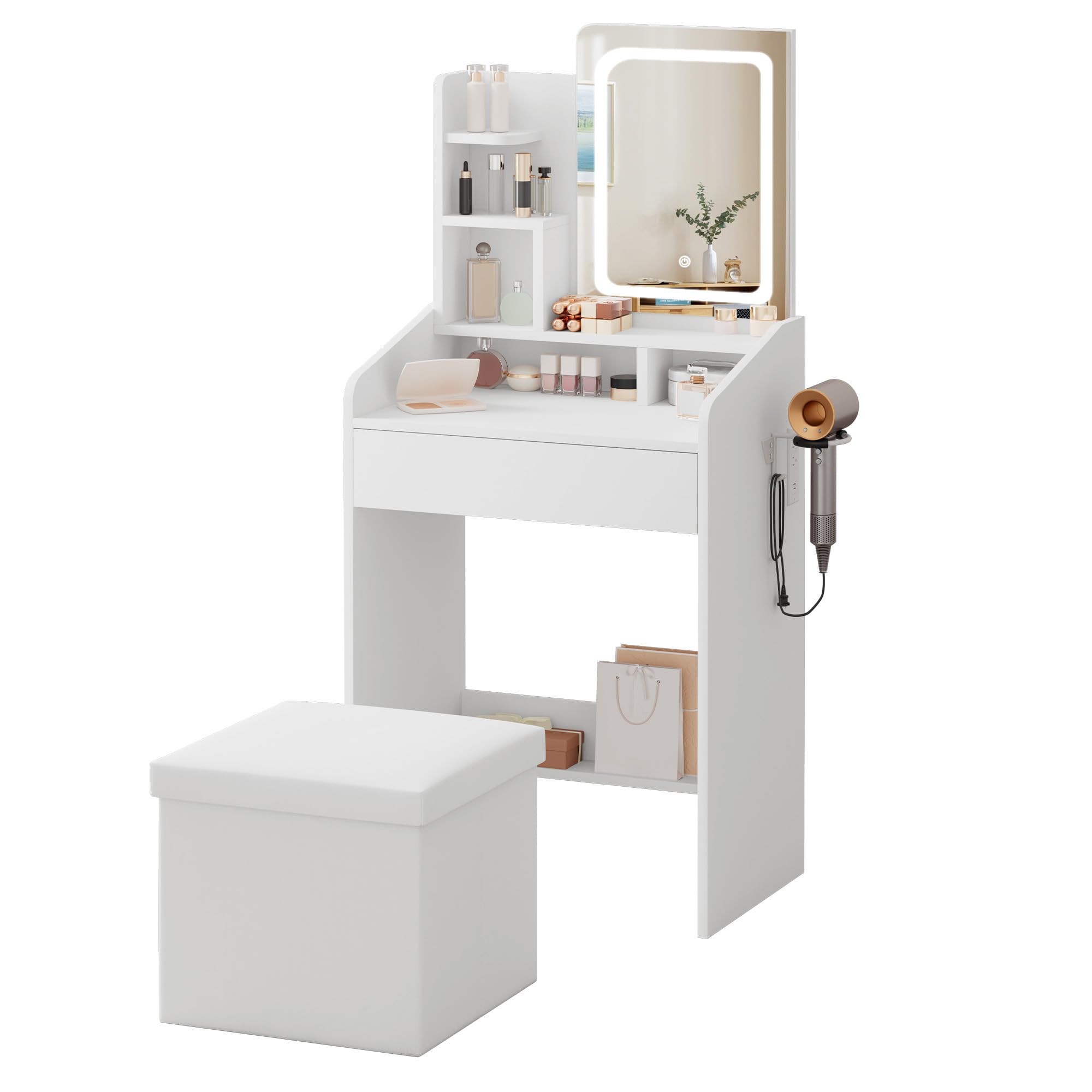 LIVELYGLOW Small Vanity Set with Lighted Mirror & Power Station, 24" Modern White Makeup Desk with Storage Stool, HairDryer Rack, Smart LED 3-Color Lighting, Compact Dressing Vanity for Bedroom