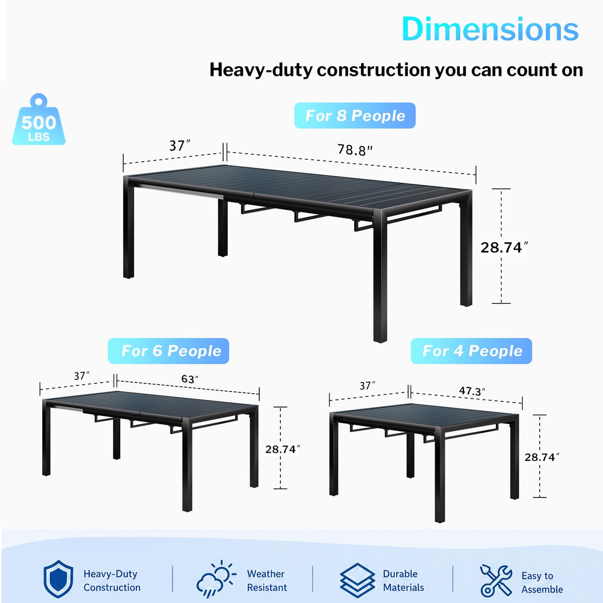 bigget Extendable Patio Dining Table for 8, 78.8" Long Rectangular Expandable Outdoor Dining Table for 8, 500LBS Powder-Coated Black Metal Extra Large Outdoor Patio Table for Outside, Garden, Lawn