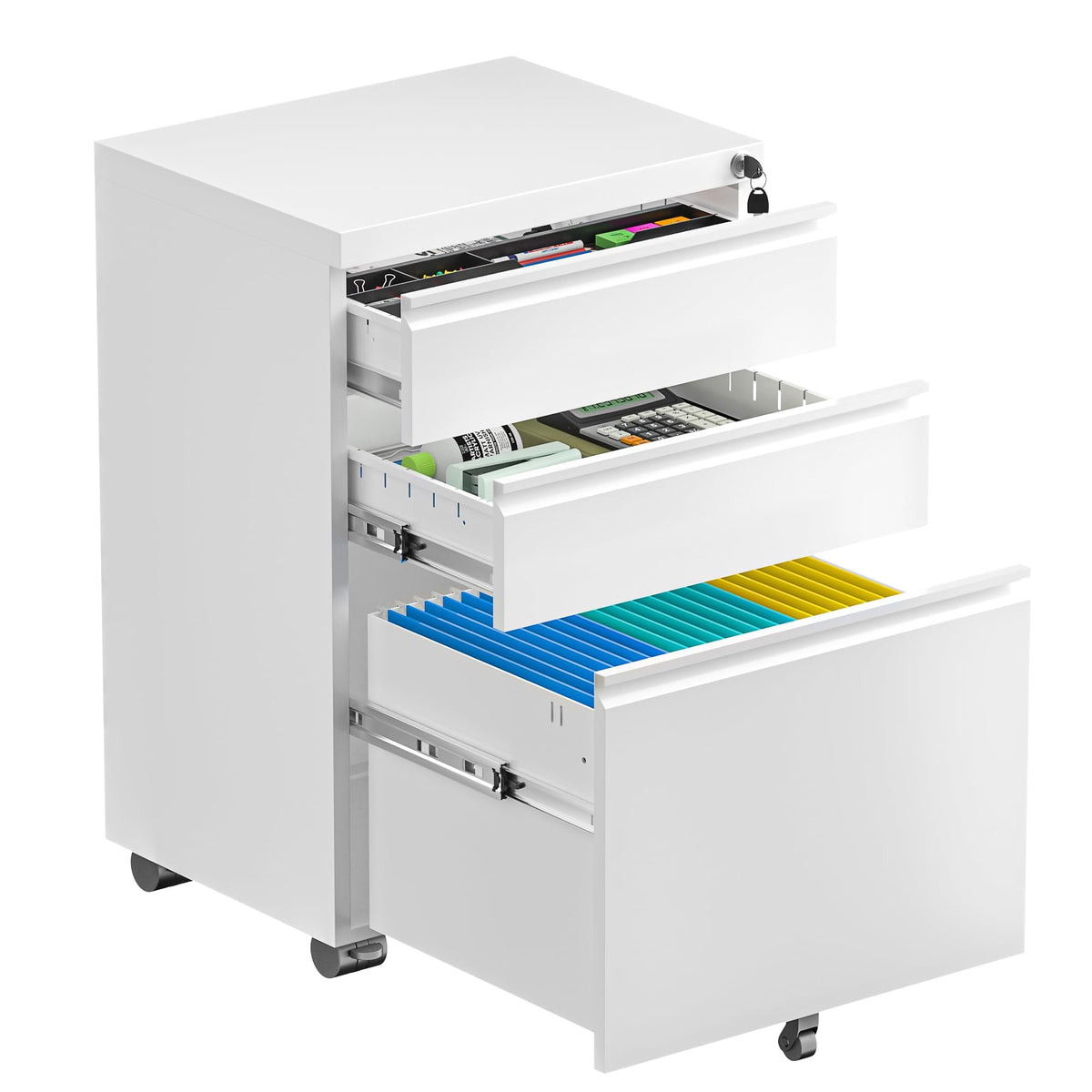 Bonusall Fully Assembled 3 Drawer White File Cabinet, Fully Assembled Metal Rolling Filing Cabinet with Lock, Under Desk Drawer Filing Cabinets for Home Office Fit A4/Letter/Legal