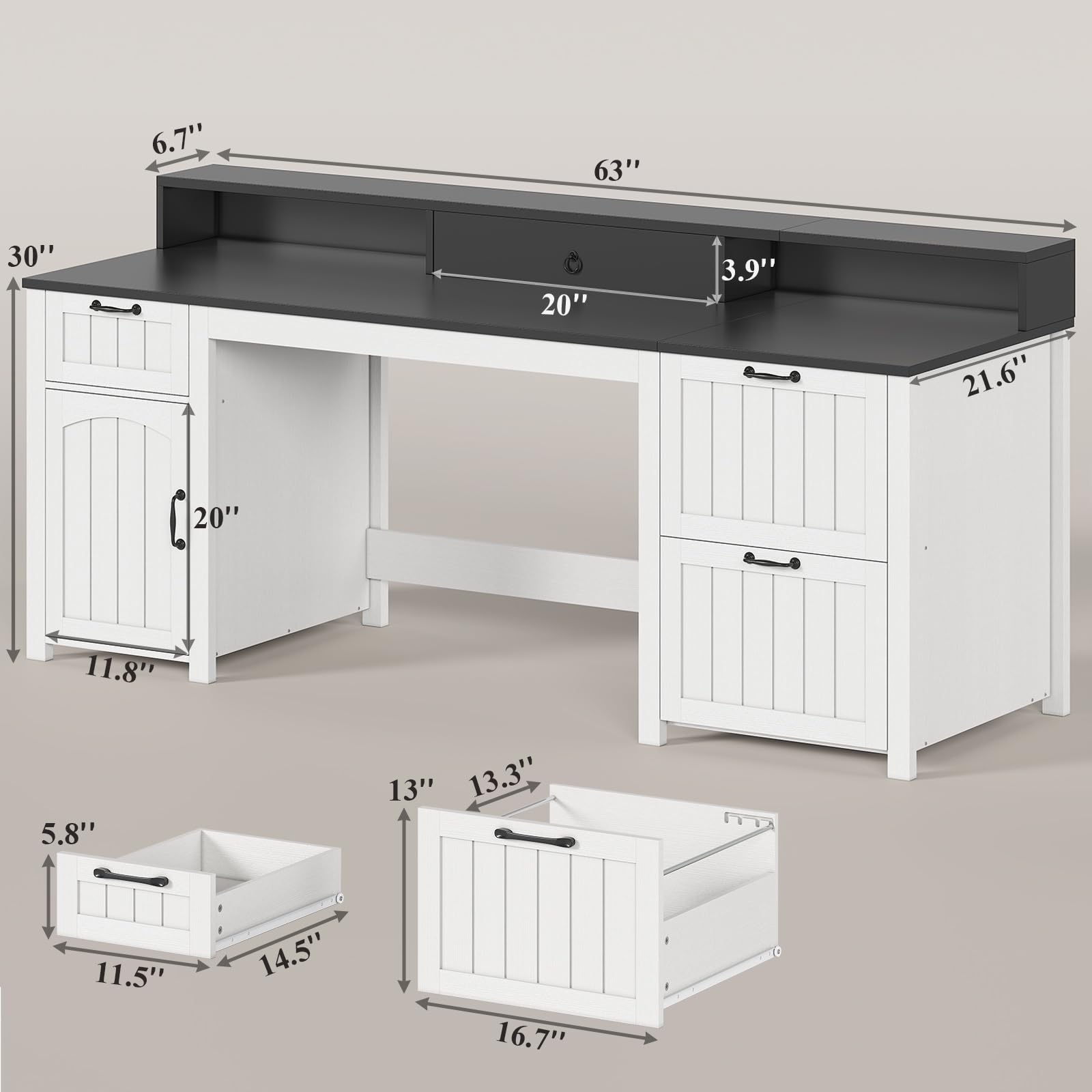 SEDETA Farmhouse 63" Executive Desk, Home Office Desk with File Drawer and Monitor Stand, Computer Desk with Drawers and Storage Cabinet, Wood Desk for Work Study Writing, White