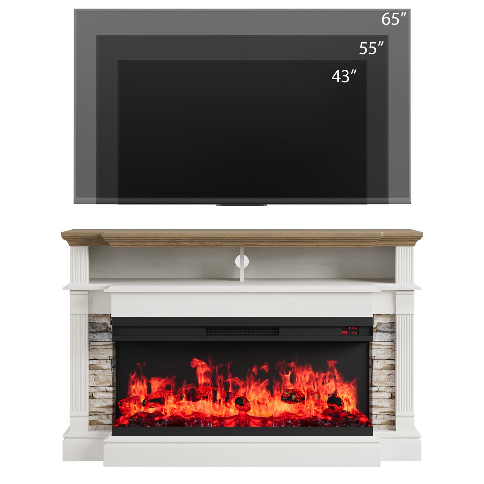 QUW Fireplace TV Stand for TVs up to 65", Farmhouse 52" Fireplace Entertainment Center with 36" 3-Side Glass Electric Fireplace, TV Console with Open Storage Shelves for Living Room, Antique White