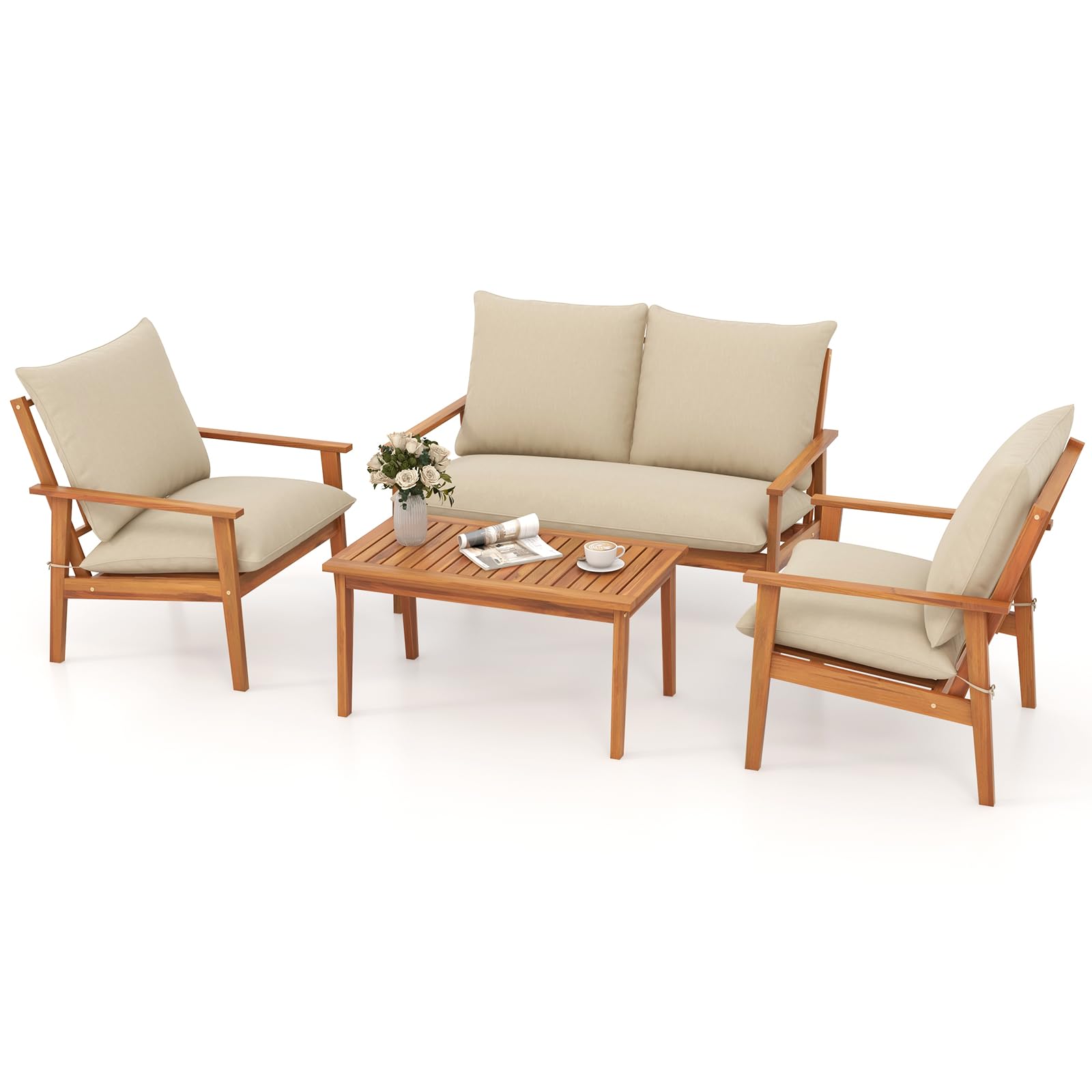4-Piece Acacia Wood Patio Conversation Set with Cushions