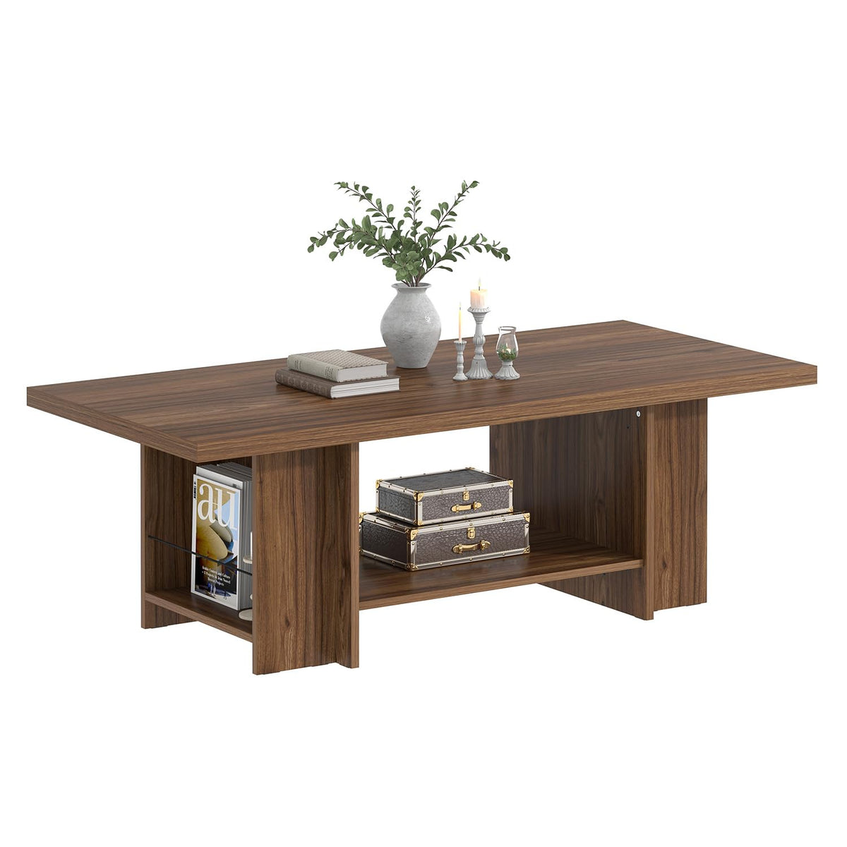 FOLUBAN Coffee Table, Modern Wood Living Room Table with Storage Bottom Shelf & Side Shelves, Rectangle Center Table Cocktail Tea Table for Home Office, Rustic Walnut, 47 Inch