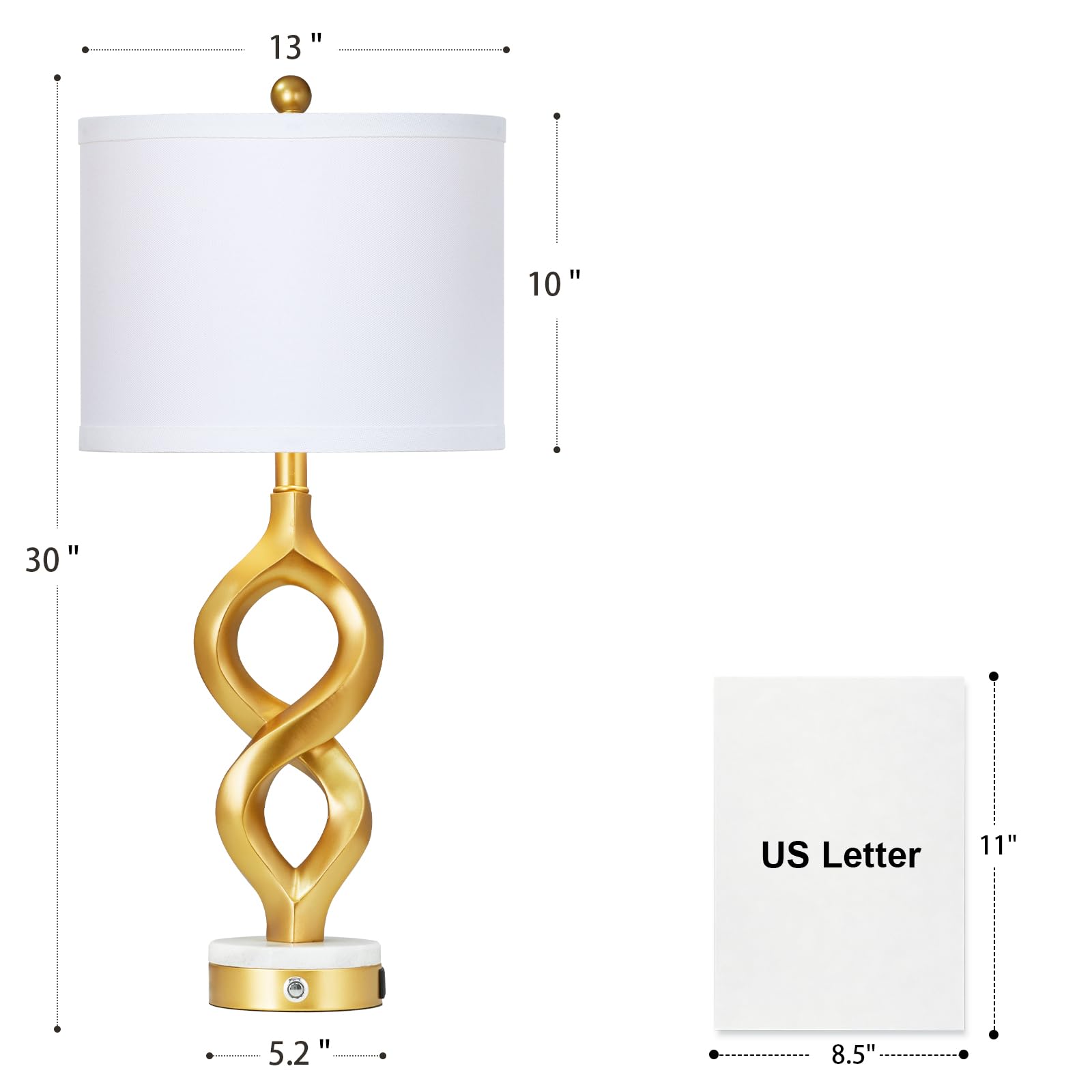 Rinweey White and Gold Table Lamps Set of 2 for Living Room, 30" Tall Touch Control Bedside Lamps for Bedroom Nightstand, 3-Way Dimmable Modern Decorative Table Lamp with USB A+C Ports and 2 LED Bulbs