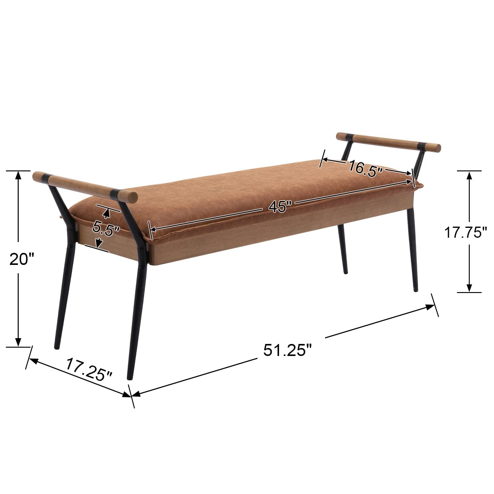 Upholstered Ottoman Bench with Arms & Metal Legs
