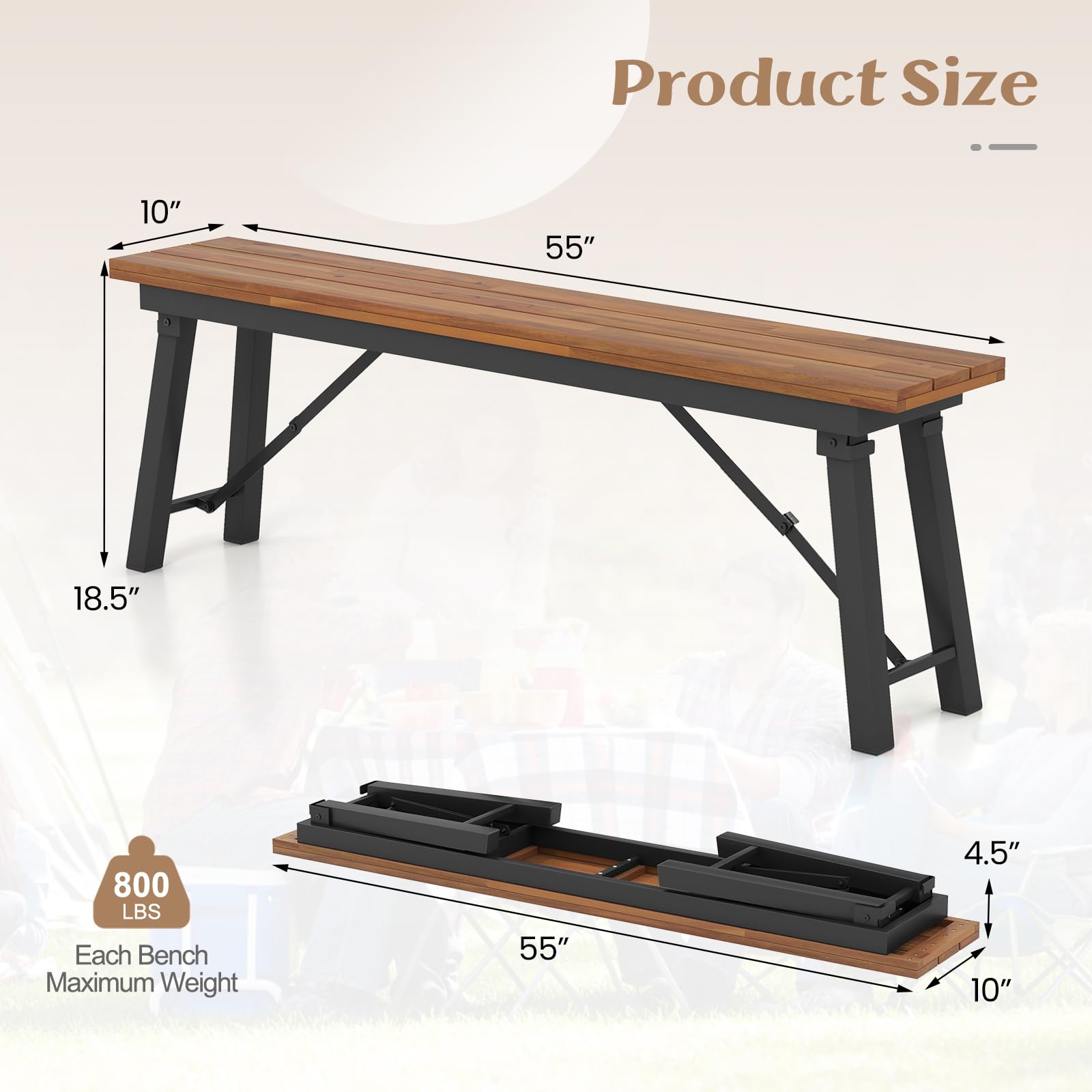 Folding Acacia Wood Outdoor Bench, Set of 2