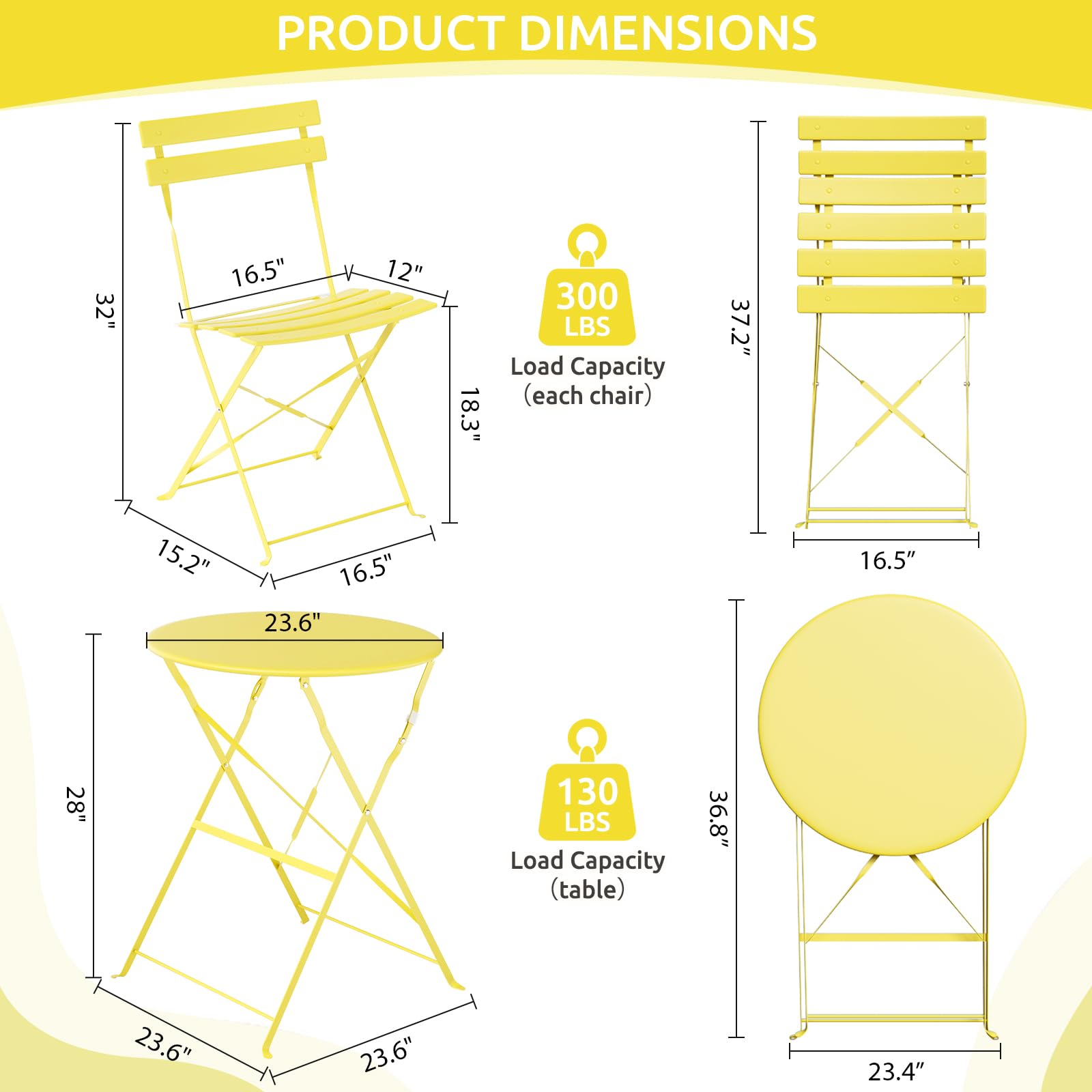 LIFERUN 3-Piece Folding Bistro Set Outdoor, Powder Coated Weatherproof Patio Furniture Set, Bistro Table and Chairs Set of 2 for Cafe, Patio, Garden, Balcony, Space Saving, Yellow
