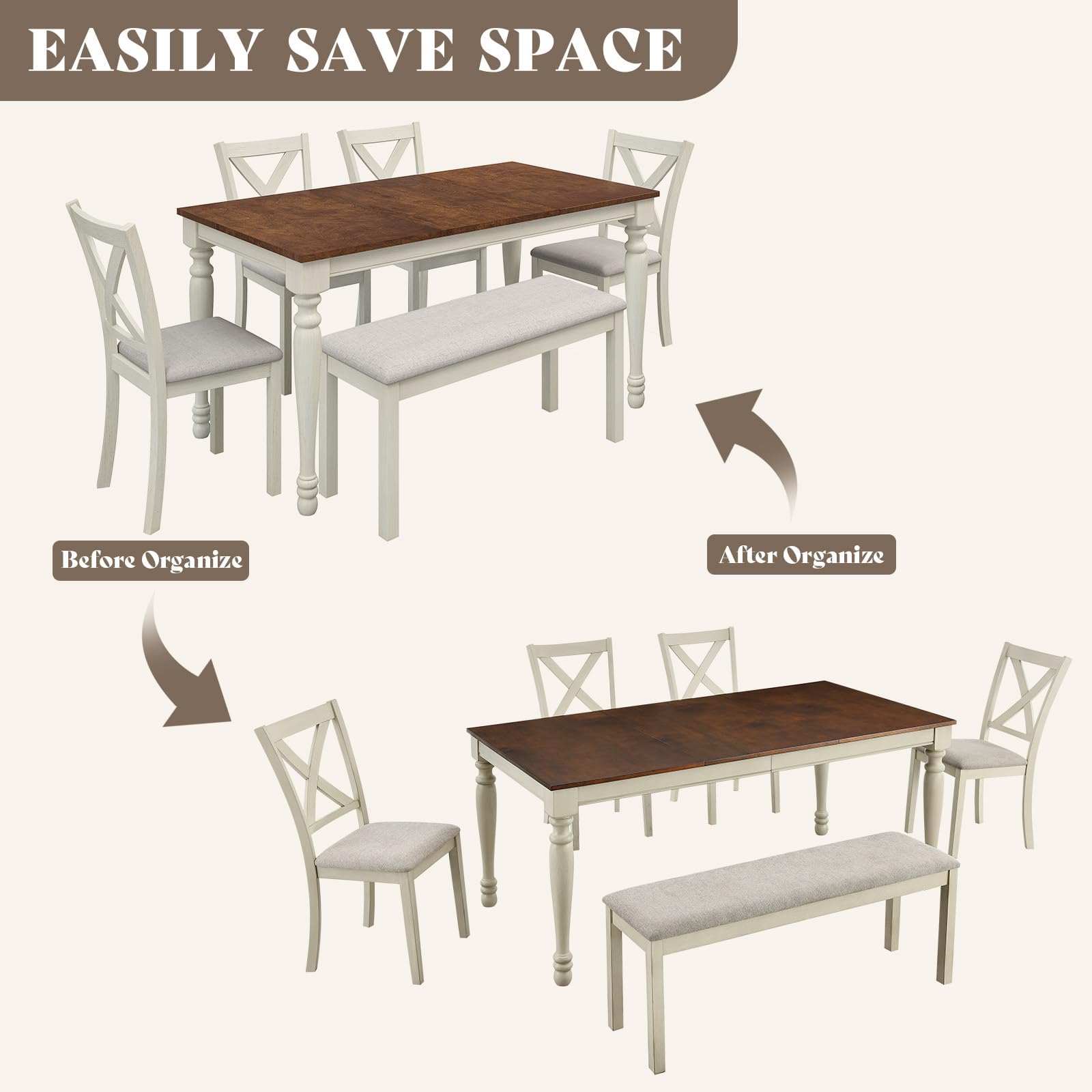 6-Piece Farmhouse Dining Table Set with Chairs & Bench