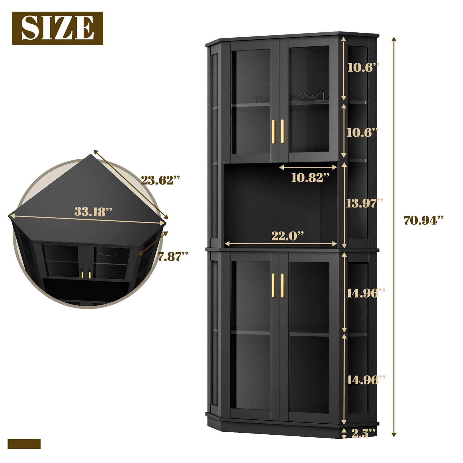 Loomie 71'' Corner Wine Bar Cabinet with LED Lights,5-Tier Tall Home Liquor Coffee Bar Cabinet W with Tempered Glass Door & Glasses Rack, Alcohol Cabinet Storage Hutch for Kitchen,Living Room (Black)