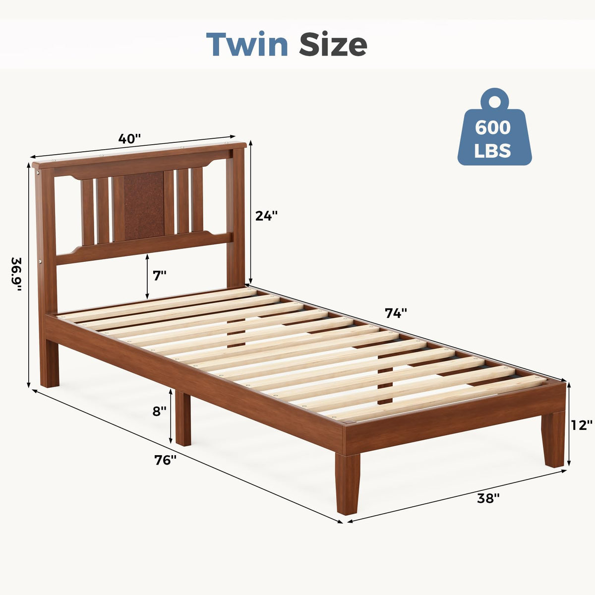 OLIXIS Twin Bed Frame with Headboard, Solid Wood Bedframe