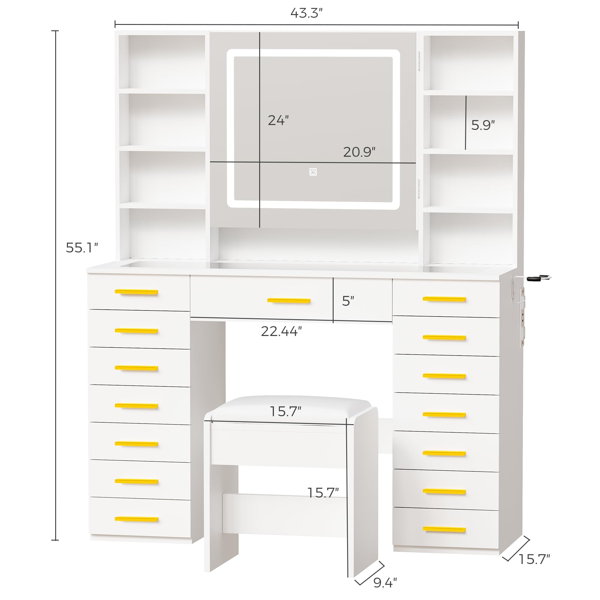 YUNSCEND White Vanity Desk with LED Lighted Mirror, 15 Drawers Makeup Vanity Table with Transparent Glass Top Power Outlet 9 Shelves 8 Hooks Large Dressing Table with Stool for Girls Women UXFST012W