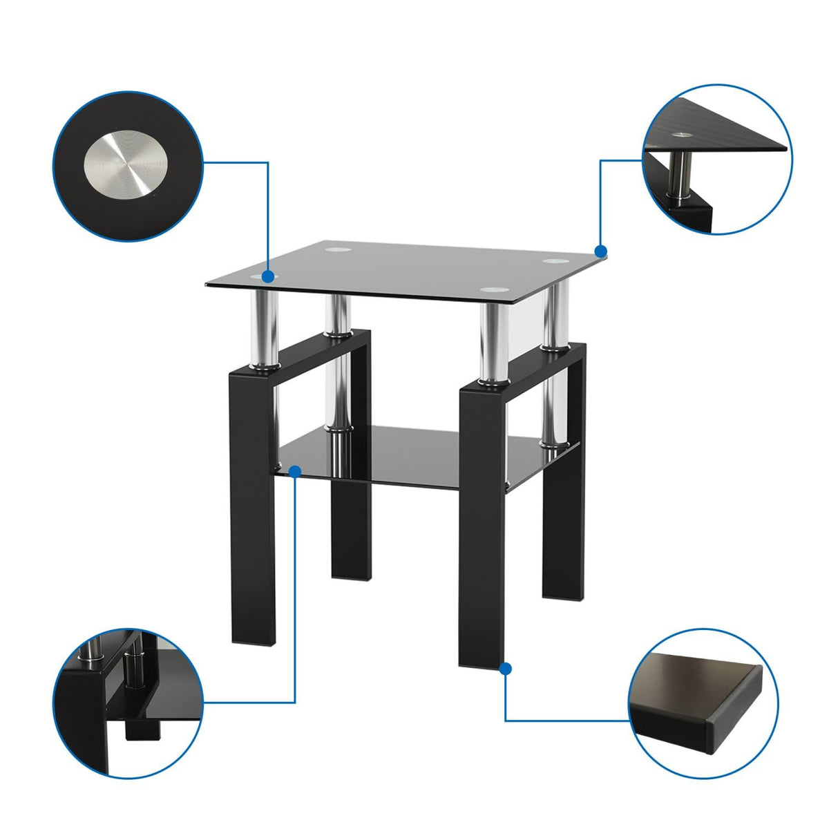 3 Piece Living Room Table Set, Glass Coffee Table and End Table Set of 3, Coffee Table Set with Tempered Glass & Metal Legs for Livingroom Table, Bedroom Nightstand. (Style 1, Black Glass+Black Leg)