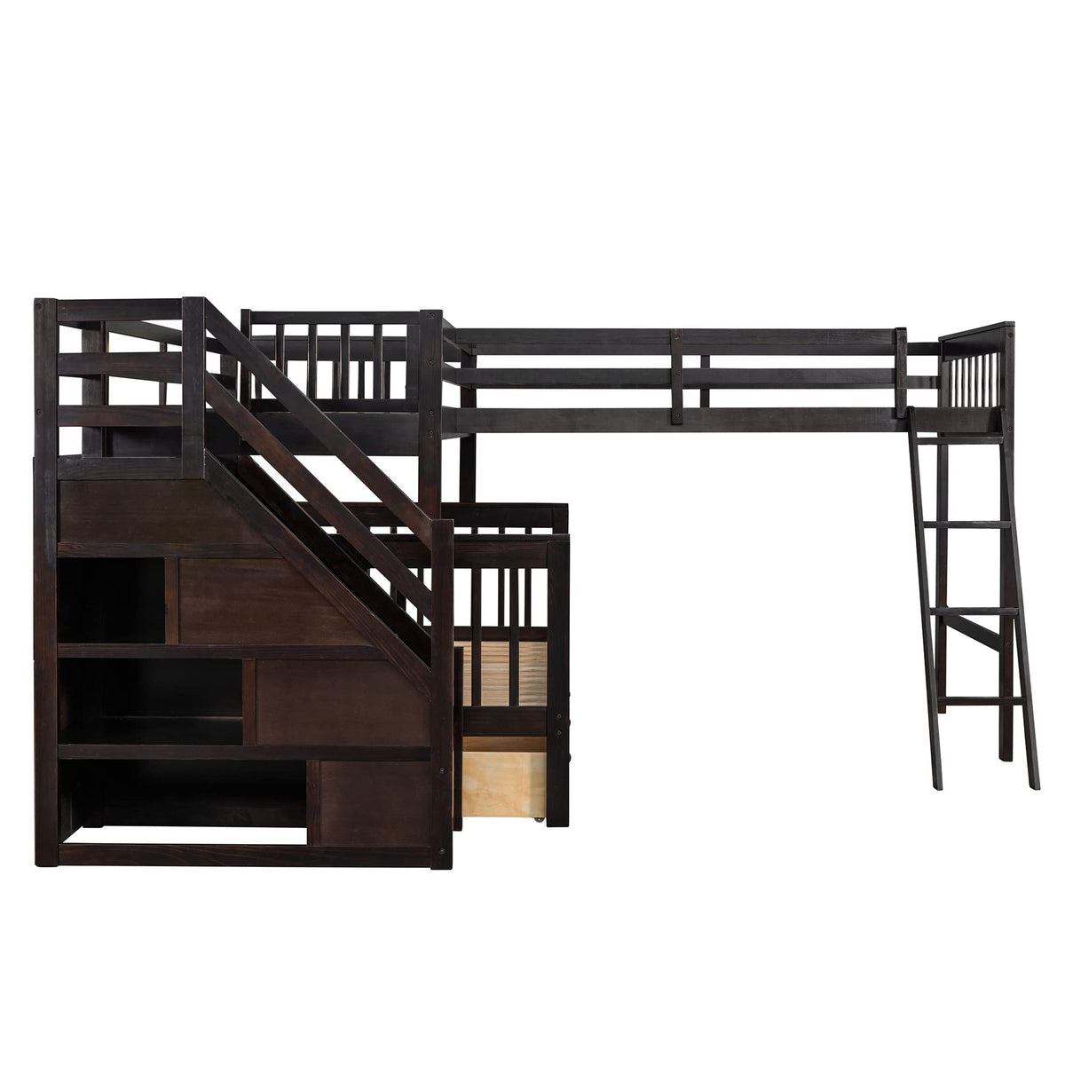 CITYLIGHT Triple Bunk Bed for Kids, Wooden L-Shaped Corner Bunk Bed with 3 Storage Drawers Attached a Twin Loft Bed,Bunk Beds with Stairs and Ladder for Boys Girls Teens,Espresso