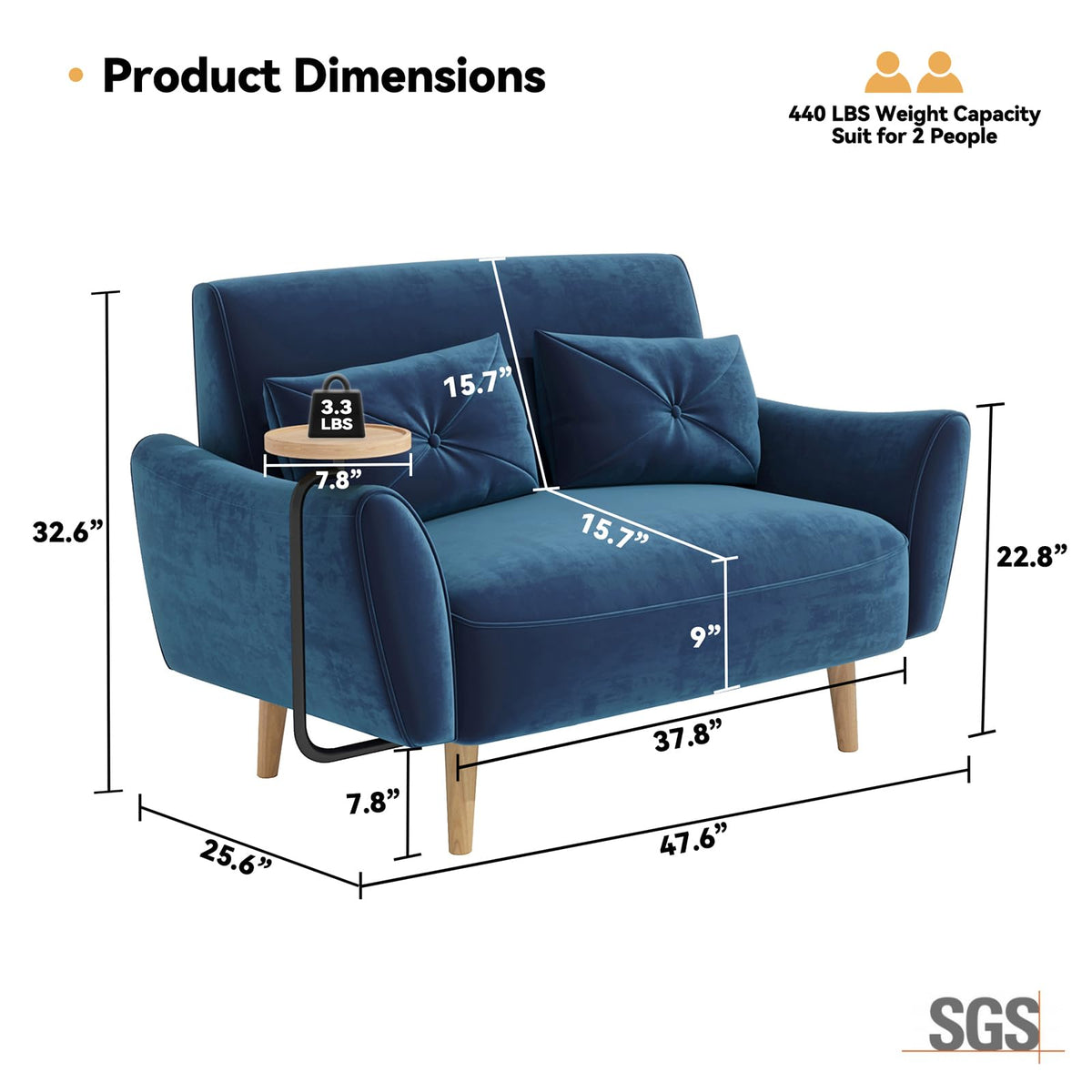 Brelice Loveseat Sofa, 47" Velvet Couch for Bedroom, Convertible Wooden Tray & Ergonomic Armrest, for Small Space, Apartment, Living Room, Home Office, Easy Assembly, Blue