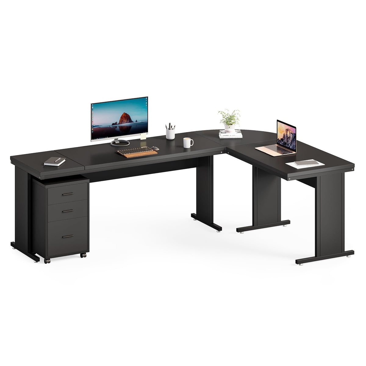 LITTLE TREE 82.67" Long Executive Desk Large L-Shaped Computer Office Desk with 3-Drawer Mobile File Cabinet, Industrial Business Furniture Desk Workstation for Home Office, Black