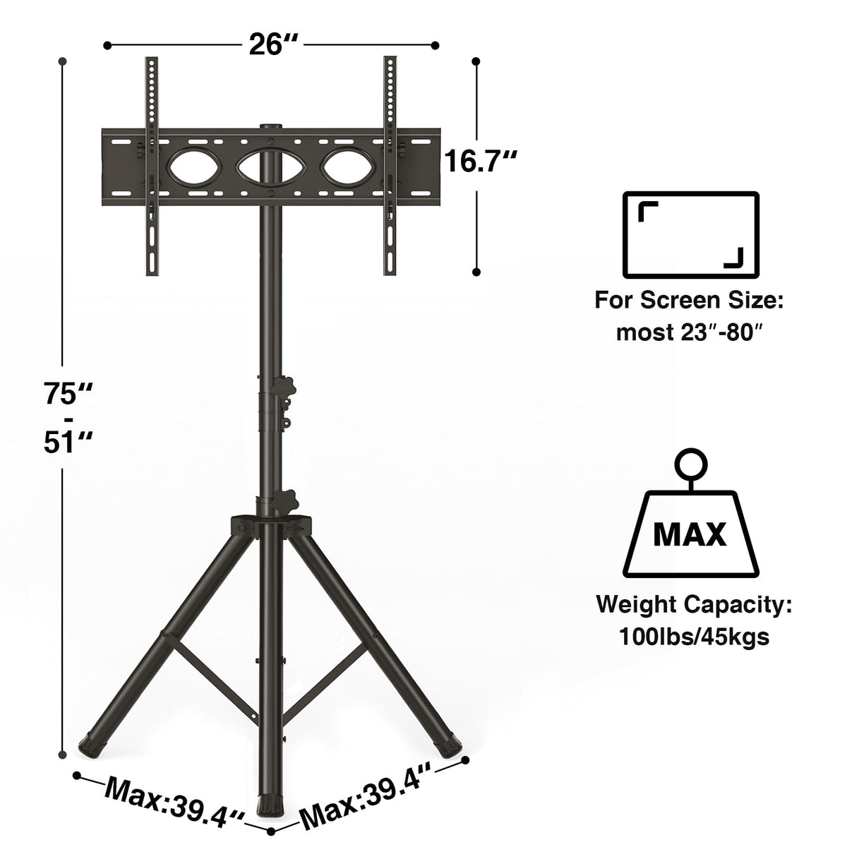 Tripod TV Stand for 23-80 inch Flat Screen/Curved TVs up to 100 lbs