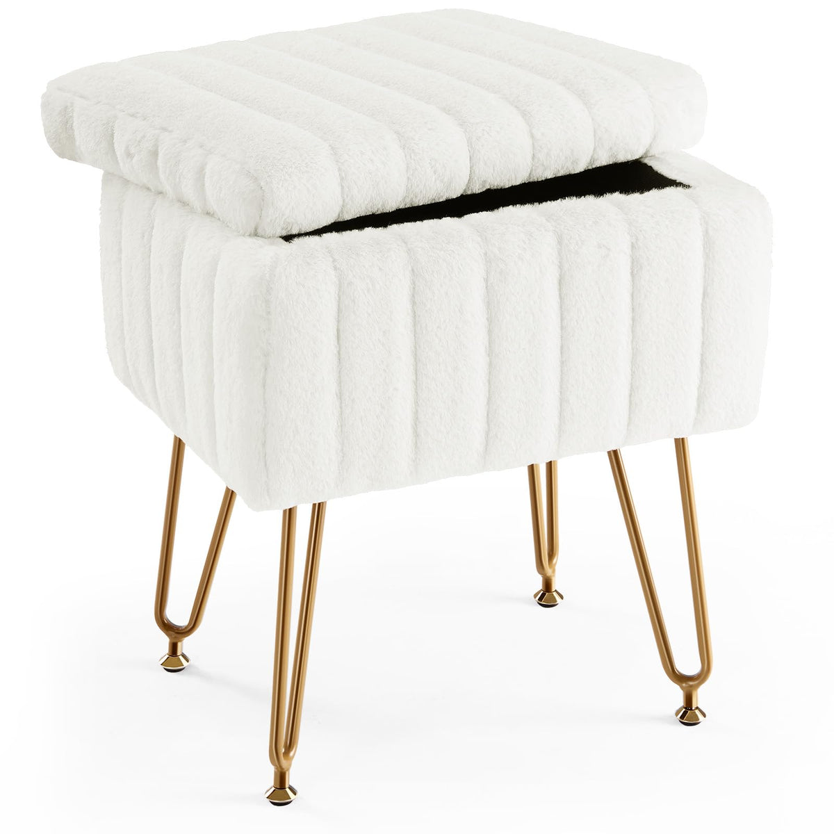 Sweetcrispy Vanity Stool Chair for Desk, Storage Faux Fur Ottoman, White
