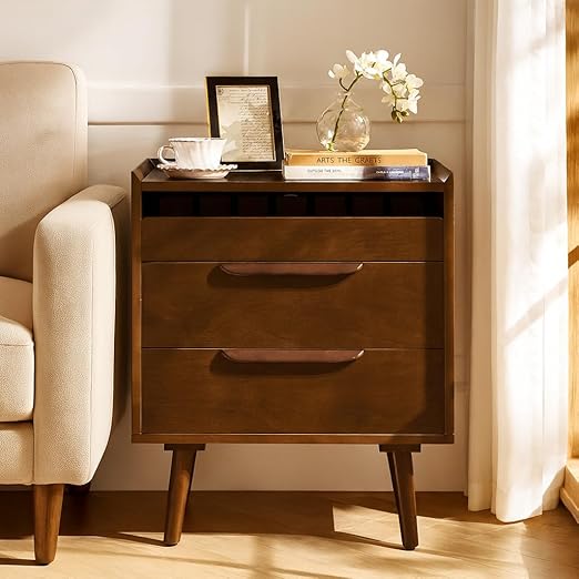 Mid-Century End Table with Charging Station & 3 Drawers