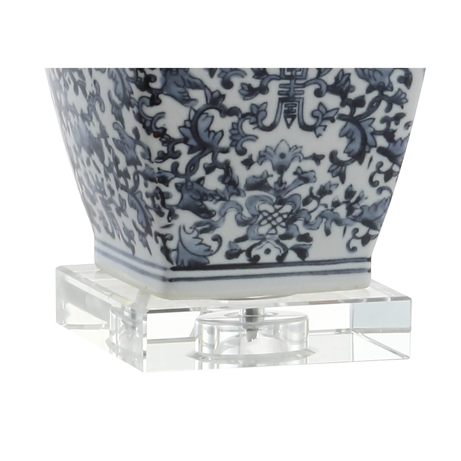 JONATHAN Y 28" Blue and White Ceramic LED Table Lamp, Chinoiserie Hand-Painted Pattern with Crystal Base, White Square Linen Shade for Bedroom, Living Room, LED Bulb Included JYL5046A