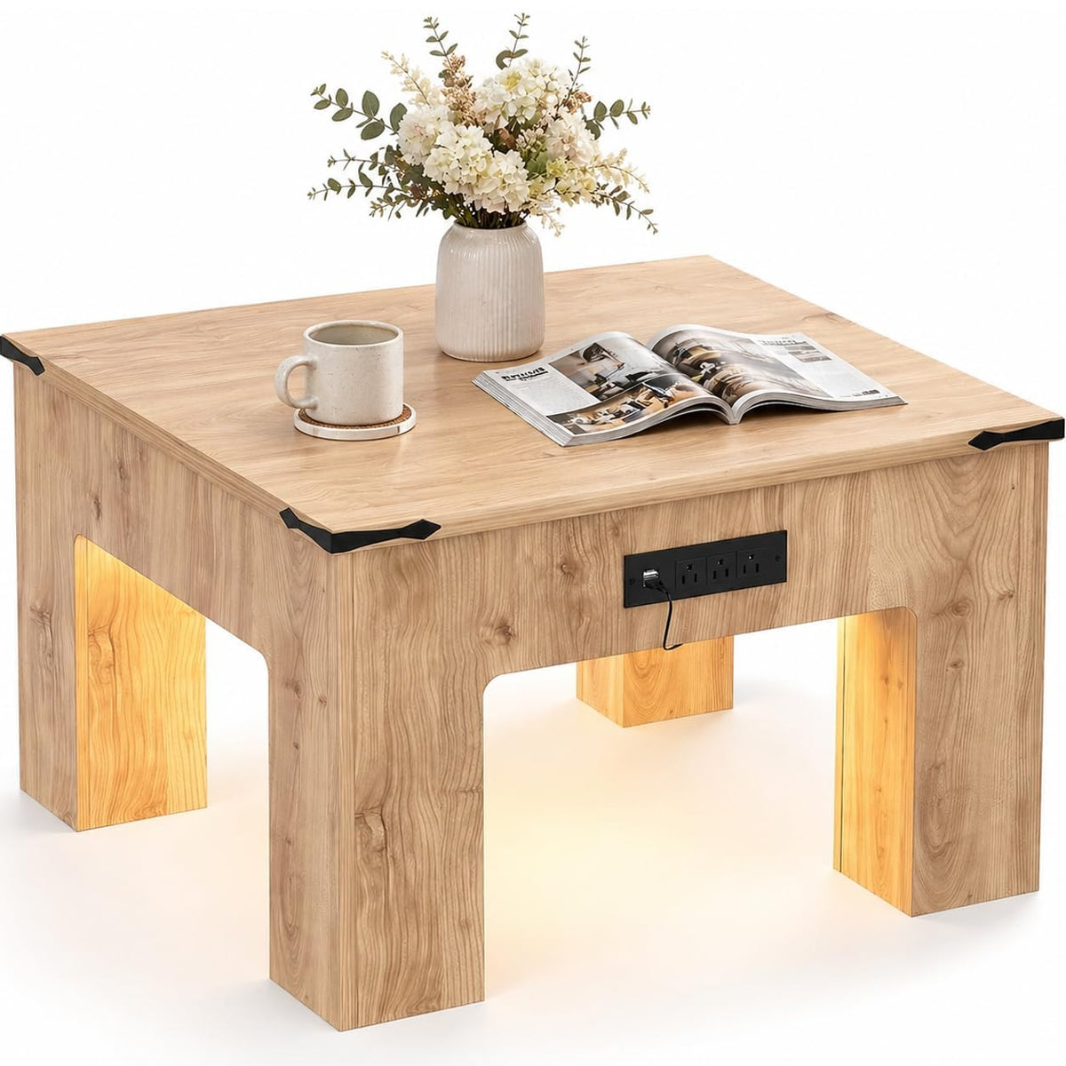 Square LED Coffee Table with Charging Station, Natural