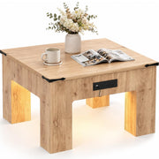 Square LED Coffee Table with Charging Station, Natural