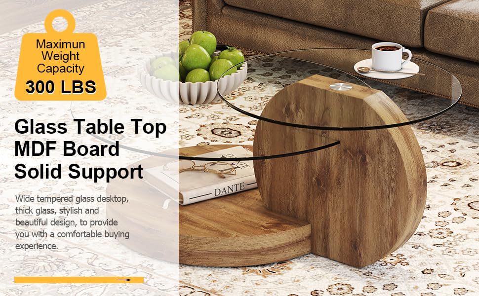 Round Glass Coffee Table with Wood Base & 3-Tier Storage