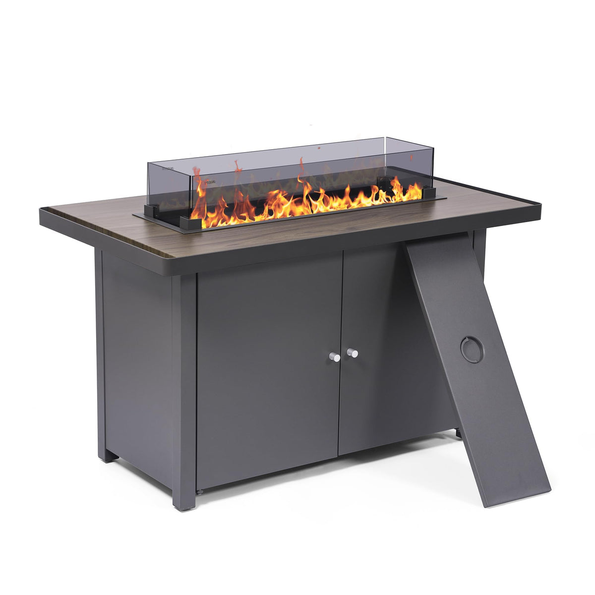 LAUSAINT HOME 43" Propane Fire Pit Table, 55000 BTU Gas Fire Pit with 2 Tiered Storage Space, Wood Grain Tabletop, Gray Glass Wind Guard for Outside Patio Lawn
