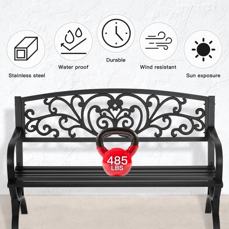 50-Inch Outdoor Metal Bench with Floral Backrest