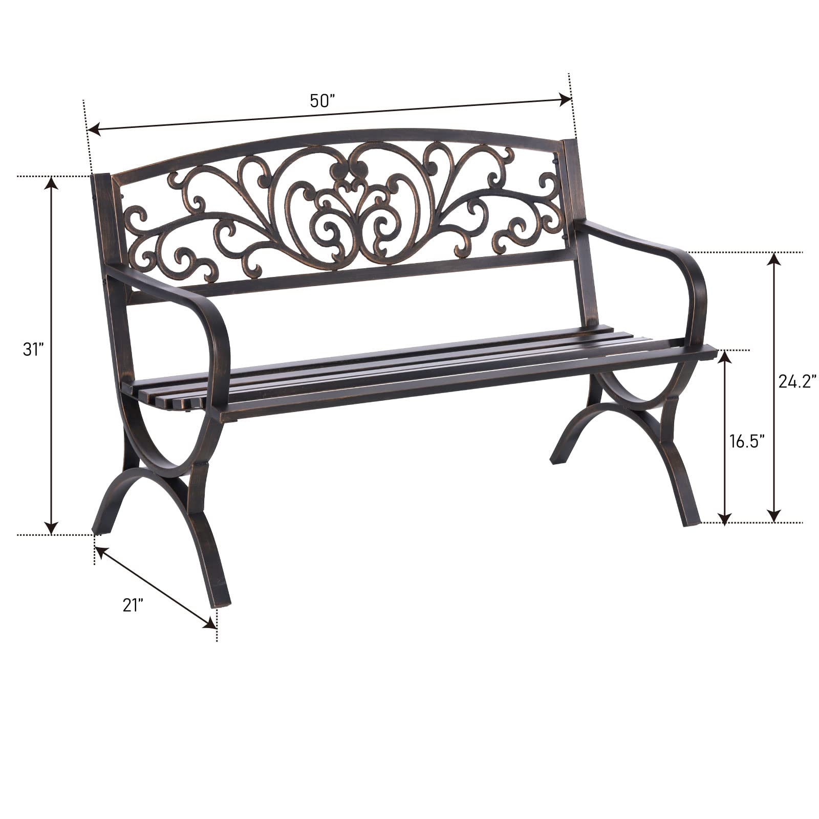 MFSTUDIO 50 Inches Outdoor Garden Bench, Cast Iron Metal Frame Patio Park Bench with Floral Pattern Backrest, Arch Legs for Porch, Lawn, Yard-Bronze